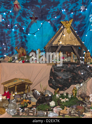 A domestic Christmas crib nativity scene with multiple characters Stock Photo