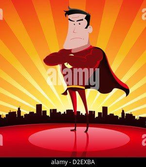 Illustration of a cartoon super hero standing proudly with cityscape behind Stock Photo