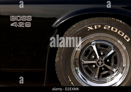 Close up of wheel and lettering on Ford Mustang Boss 429 sports car Stock Photo