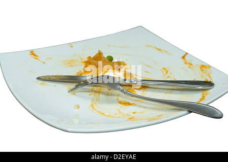 Knife And Fork On A Dinner Plate After A Meal Stock Photo
