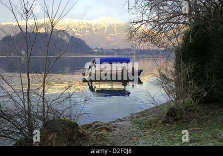 A man rowing a Pletna, a covered wooden rowing boat, on Lake Bled Slovenia Stock Photo