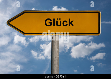 Detailansicht eines Wegweisers mit der Aufschrift Glück | Detail photo of a signpost with the title luck in German Stock Photo