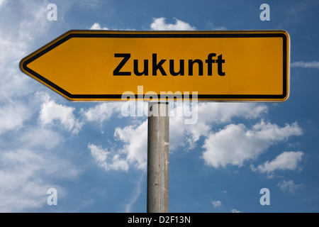 Detailansicht eines Wegweisers mit der Aufschrift Zukunft | Detail photo of a signpost with the title future in German Stock Photo