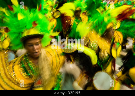 Dancers of Imperatriz samba school perform during the Carnival parade at the Sambadrome in Rio de Janeiro, Brazil. Stock Photo