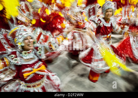 Dancers of Imperatriz samba school perform during the Carnival parade at the Sambadrome in Rio de Janeiro, Brazil. Stock Photo