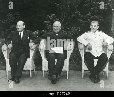 POTSDAM CONFERENCE July-August 1945. From left: Clement Attlee, Harry Truman, Joseph Stalin Stock Photo
