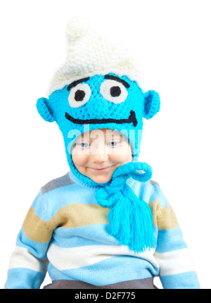 Portrait of 1 year old baby boy with funny hat, studio shot. Stock Photo