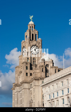 Clock face on The Royal Liver Building at Pier Head in Liverpool Stock Photo