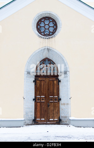 Old wooden door of St. John's Church, neogothic style, 1860 on Freedom Square. Tallinn, Estonia. ( Jaani krik) Stock Photo