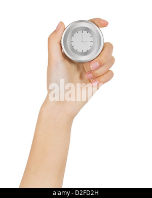 Woman's hand holding stopwatch, Isolated in a white background Stock Photo