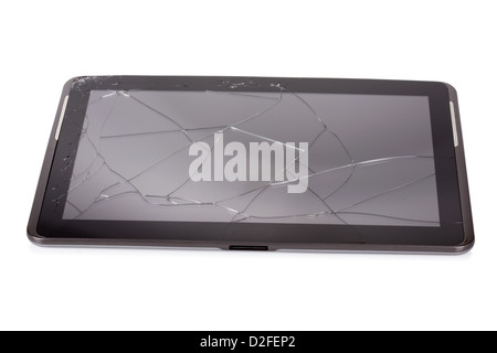 Tablet computer with damaged screen isolated on white background Stock Photo