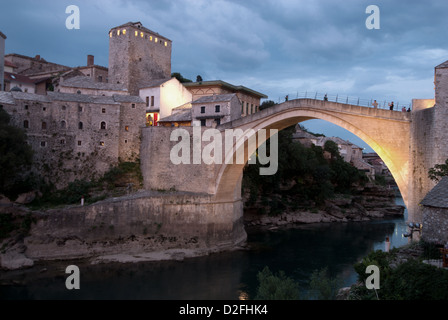 Mostar, bridge across the Neretva river, dusk, Bosnia and Herzegovina Stock Photo