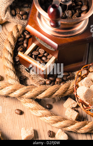 Coffee in grinder and rope still life Stock Photo