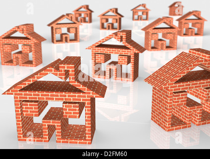 Brick house symbols on white background - housing market / construction concept Stock Photo