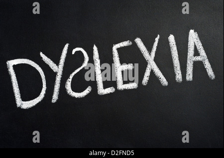Blackboard with the word DYSLEXIA written on it in white chalk with the S the wrong way around Stock Photo