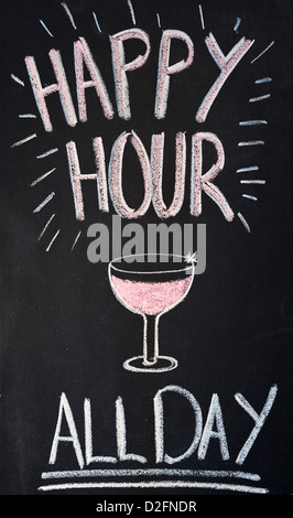 Blackboard pub sign for 'Happy Hour All Day' Stock Photo