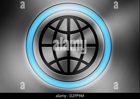 Glowing computer button with a globe symbol - global technology / communication / business / world / globalisation concept Stock Photo