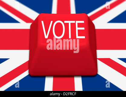 VOTE on a red computer key with Union Jack flag background. Stock Photo