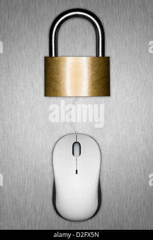 Locked Padlock and Computer Mouse - Internet security / computer / online cyber crime / cyber security Issues concept Stock Photo