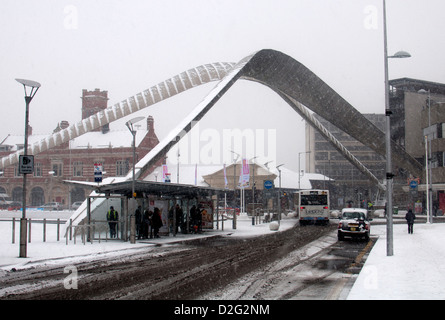 The Whittle Arch in snowy weather, Coventry city centre, UK Stock Photo