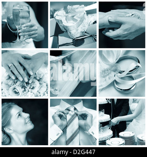 Collage of nine wedding photos in gentle - blue tone Stock Photo