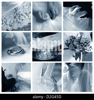 Collage of nine wedding photos in gentle - blue tone Stock Photo