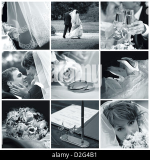 Collage of nine wedding photos in blue tone Stock Photo