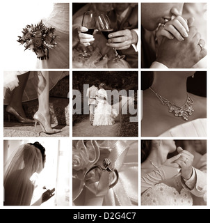 Collage of nine wedding photos in sepia tone Stock Photo