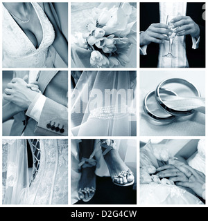 Collage of nine wedding photos in gentle - blue tone Stock Photo