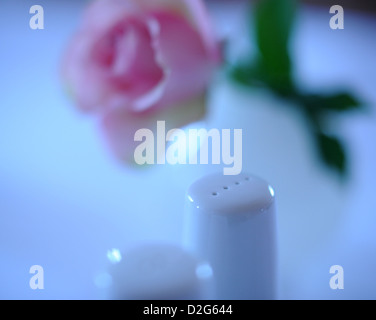 Berlin, Germany, rose, salt and pepper shakers on a table Stock Photo