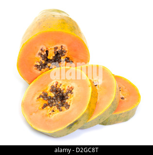 Fresh Papaya with Slices on a white background Stock Photo