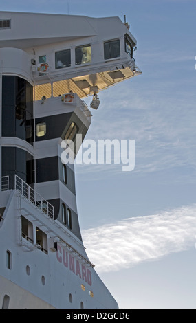Part of the forward superstructure on the Cunard cruise liner Queen Mary 2.  Starboard bridge wing. Stock Photo