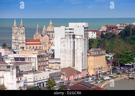 Ilheus city in Bahia, Brazil, city centre showing San Sebastian Cathedral (Catedral de São Sebastião) & Mirante do Canhão (Cannon viewpoint) hill Stock Photo