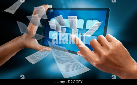 a woman hands use a digital tablet to check some folder Stock Photo