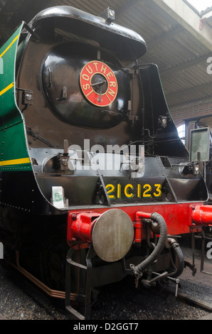 Merchant Navy Class steam engine 'Blackmoor Vale' in shed at Bluebell Railway, Sheffield Park, near Uckfield, East Sussex Stock Photo