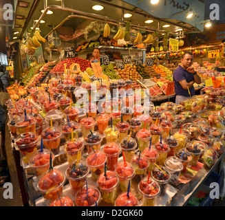 Fruit stand at La Boqueria market in Barcelona, Spain located off La Rambla Stock Photo