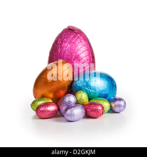 Middle group of chocolate candy Easter eggs wrapped in foil Stock Photo