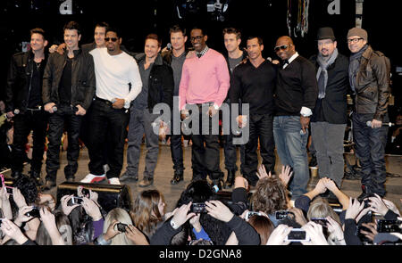 Band members from New Kids on the Block, 98 Degrees, and Boyz II Men (L-R) Jeff Timmons, Jordan Knight, Jonathan Knight, Nathan Morris, Drew Lachey, Nick Lachey, Shawn Stockman, Joey McIntyre, Danny Wood, Wanya Morris, Justin Jeffre, and Donnie Wahlberg during the New Kids On The Block Tour Announcement at Irving Plaza on January 22, 2013 in New York City Stock Photo