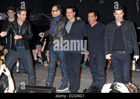 Band members from The New Kids On The Block (L-R) Joey McIntyre, Donnie Wahlberg, Jonathan Knight, Danny Wood and Jordan Knight during the New Kids On The Block Tour Announcement at Irving Plaza on January 22, 2013 in New York City Stock Photo