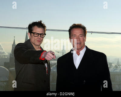 Jan. 23, 2013 - Moscow, Russia . Pictured: actors Arnold Schwarzenegger and Johnny Knoxville (l) promote The Last Stand Russian premier in Moscow. (Credit Image: Credit:  Photo By Aleksander V.Chernykh/PhotoXpress/ZUMAPRESS.com/Alamy live news) Stock Photo