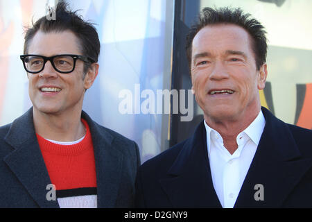 Jan. 23, 2013 - Moscow, Russia . Pictured: actors Arnold Schwarzenegger and Johnny Knoxville (l) promote The Last Stand Russian premier in Moscow. (Credit Image: Credit:  Nata Nechaeva/PhotoXpress/ZUMAPRESS.com/Alamy live news) Stock Photo