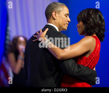 US President Barack Obama dances with first lady Michelle Obama to Jennifer Hudson at the Commander in Chief's Ball at the Washington Convention Center on January 21, 2013 at the Washington Convention Center in Washington, DC. Stock Photo