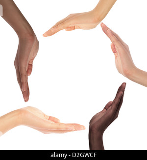 Conceptual symbol of multiracial human hands making a circle on white background with a copy space in the middle Stock Photo