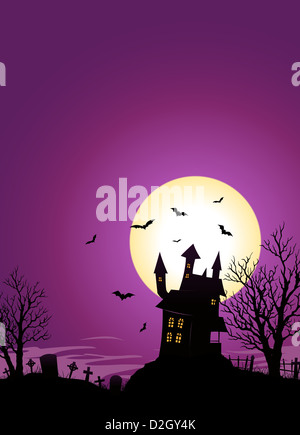 Illustration of a spooky haunted castle on hill inside halloween landscape Stock Photo