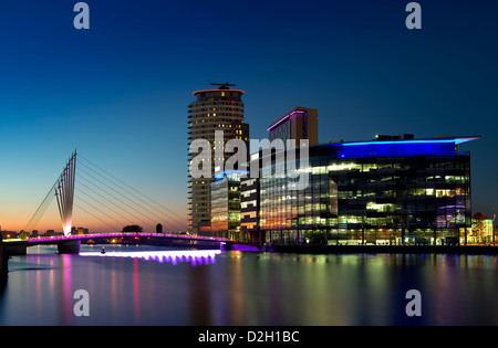 England, Greater Manchester, Salford, Salford Quays, twilight at Media city Stock Photo