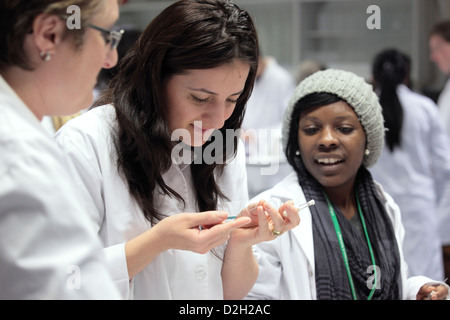 Female university students enjoying science research, university, UK Stock Photo