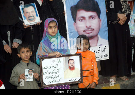 Relatives of missing persons are protesting against their  kidnapping and demanding for recovery of their loved ones during a demonstration at Karachi  press club on Thursday, January 24, 2013.