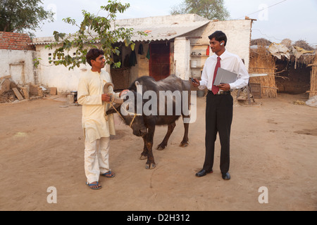 Uttar Pradesh, Agra, Young businessman with laptop, smartphone and bluetooth headset talking to village farmer with bullock Stock Photo