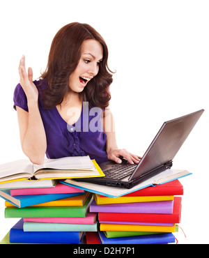 Happy beautiful student girl with stack of books in her hands. Studio ...
