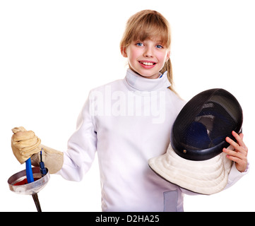 Child in fencing costume holding epee . Stock Photo